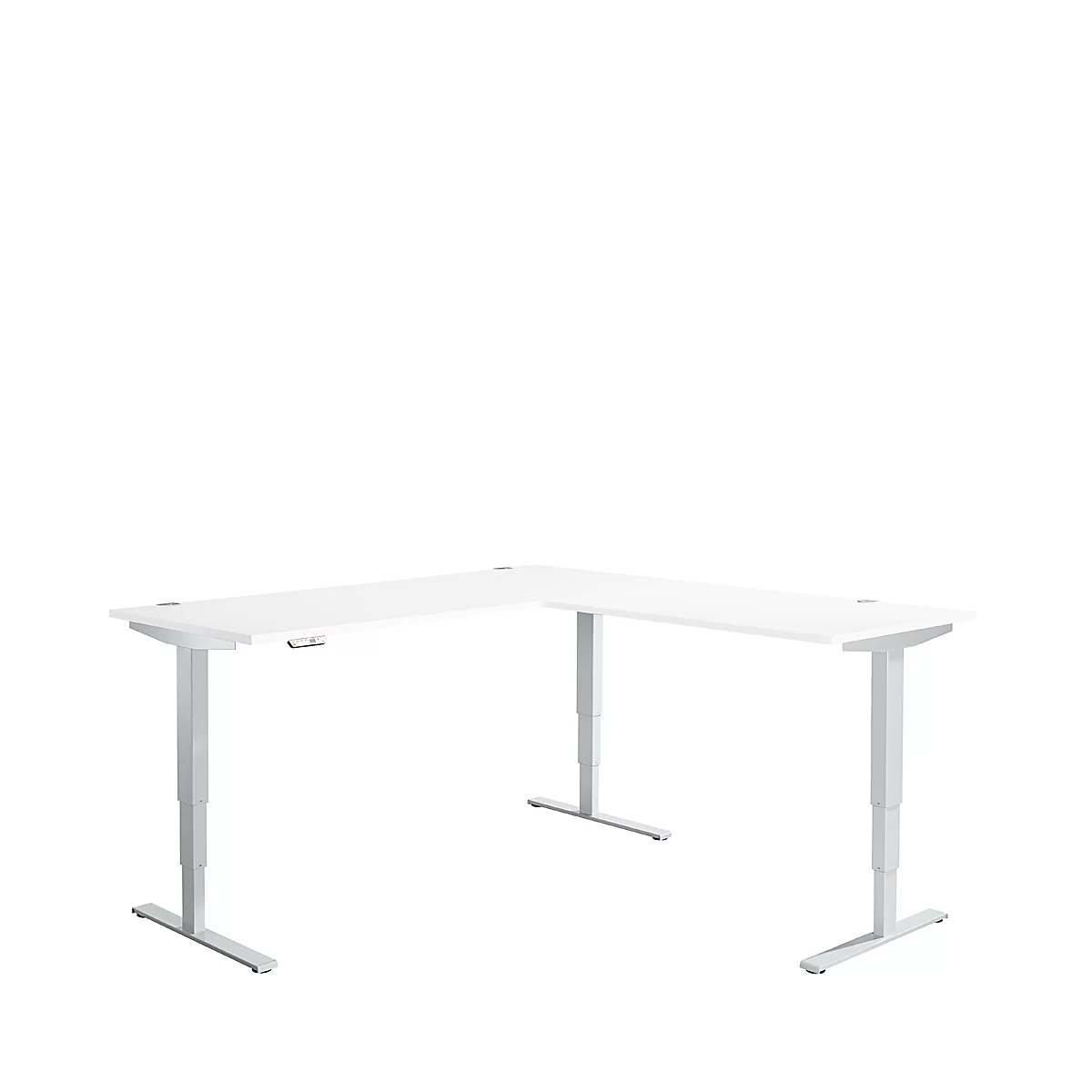 Mesa angular AERO FLEX, regulable eléctricamente en altura, ángulo de 90°, pie en T, ancho 2000 x fondo 2000 mm, aluminio blanco/blanco + panel de memoria