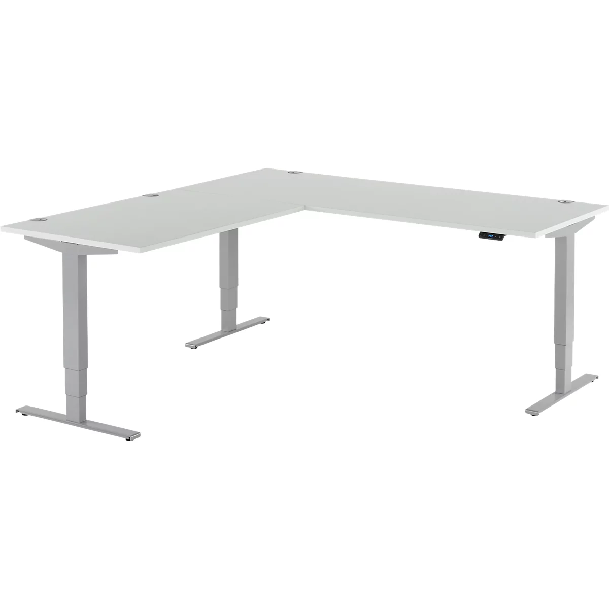 Mesa angular AERO FLEX, regulable eléctricamente en altura, ángulo de 90°, pie en T, ancho 2000 x fondo 2000 mm, aluminio gris claro/blanco + panel de memoria