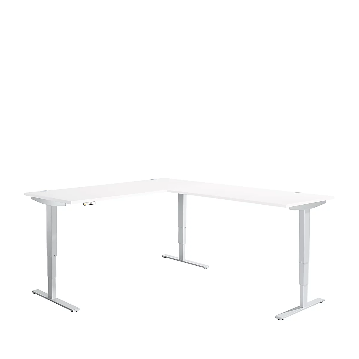 Mesa angular AERO FLEX, regulable eléctricamente en altura, ángulo de 90°, pie en T, ancho 2000 x fondo 2400 mm, aluminio blanco/blanco + panel de memoria