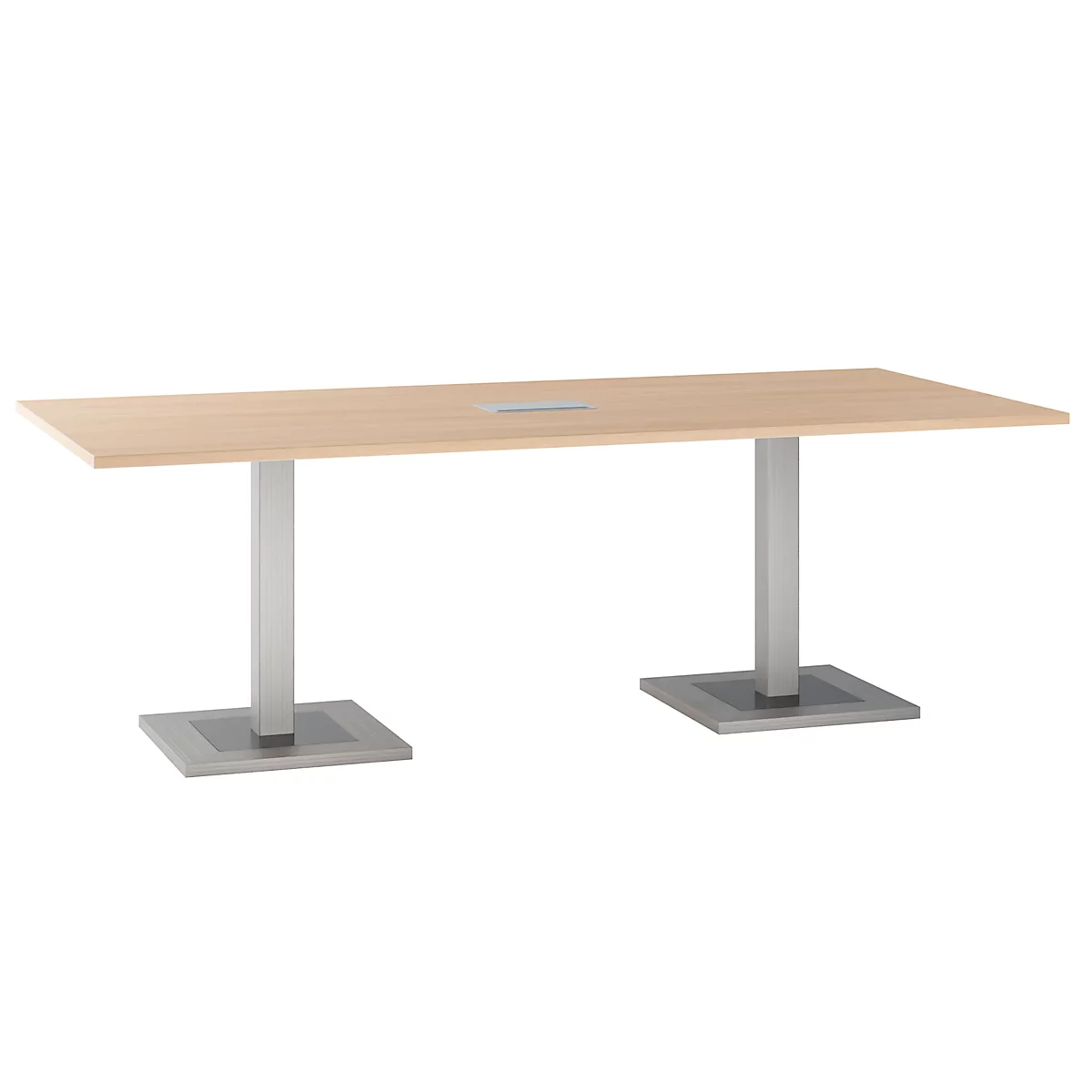 Mesa de conferencias, con panel de conexión a la mesa, hasta 8 personas, rectangular, con pedestal, anchura 2200 x profundidad 1000 x altura 720-820 mm, cerezo Romana/plata