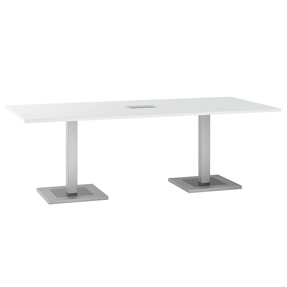 Mesa de conferencias, con panel de conexión a la mesa, hasta 8 personas, rectangular, de pie, W 2200 x D 1000 x H 720-820 mm, blanco/plateado