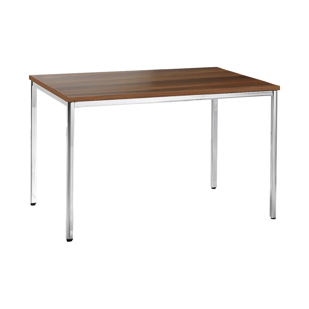 Una mesa rectangular de madera marrón con patas de metal plateado. La mesa está sobre un fondo blanco.