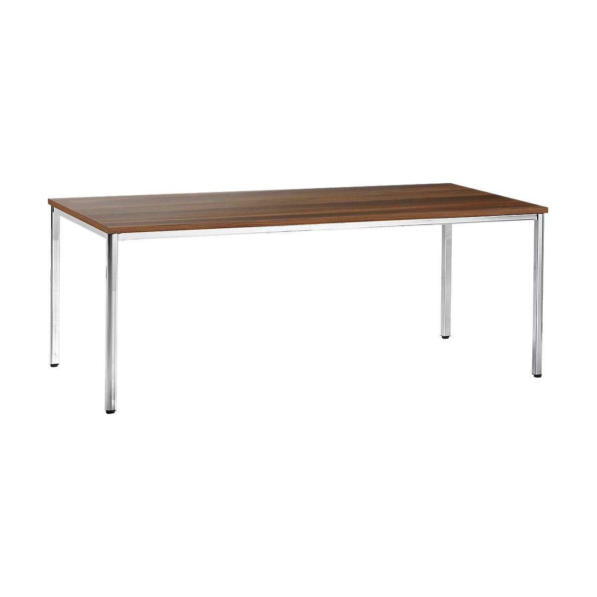 Una mesa rectangular de madera con una tapa marrón y patas plateadas.