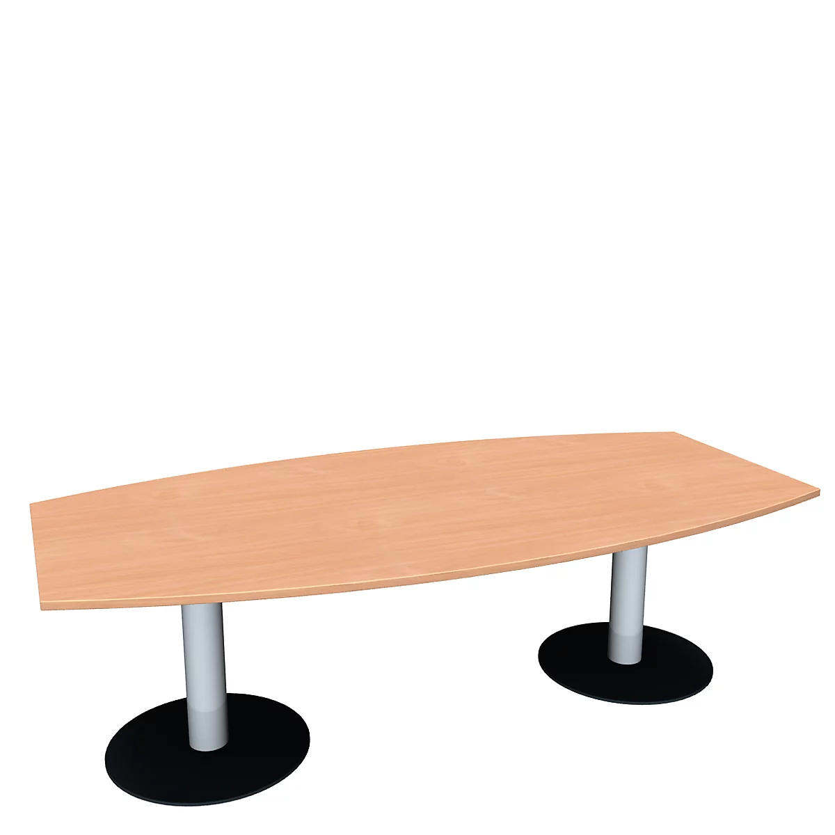 Una mesa de conferencias ovalada de color marrón claro que descansa sobre dos patas cilíndricas plateadas, que a su vez descansan sobre bases redondas negras.