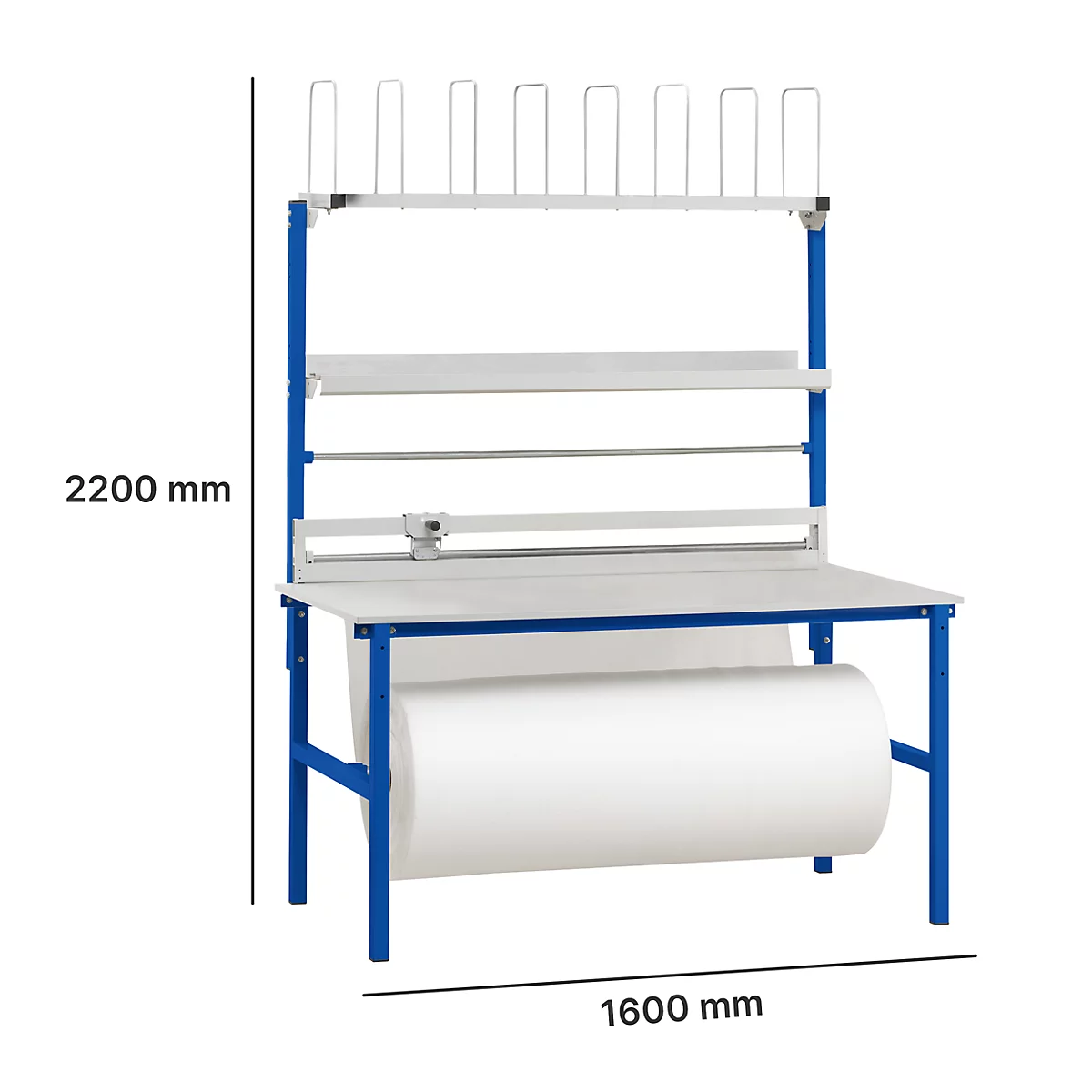 Mesa de embalaje completa Rocholz I, incl. dispositivo de desenrollado y sistema de corte, encimera A 2000 x P 800 mm, hasta 100 kg