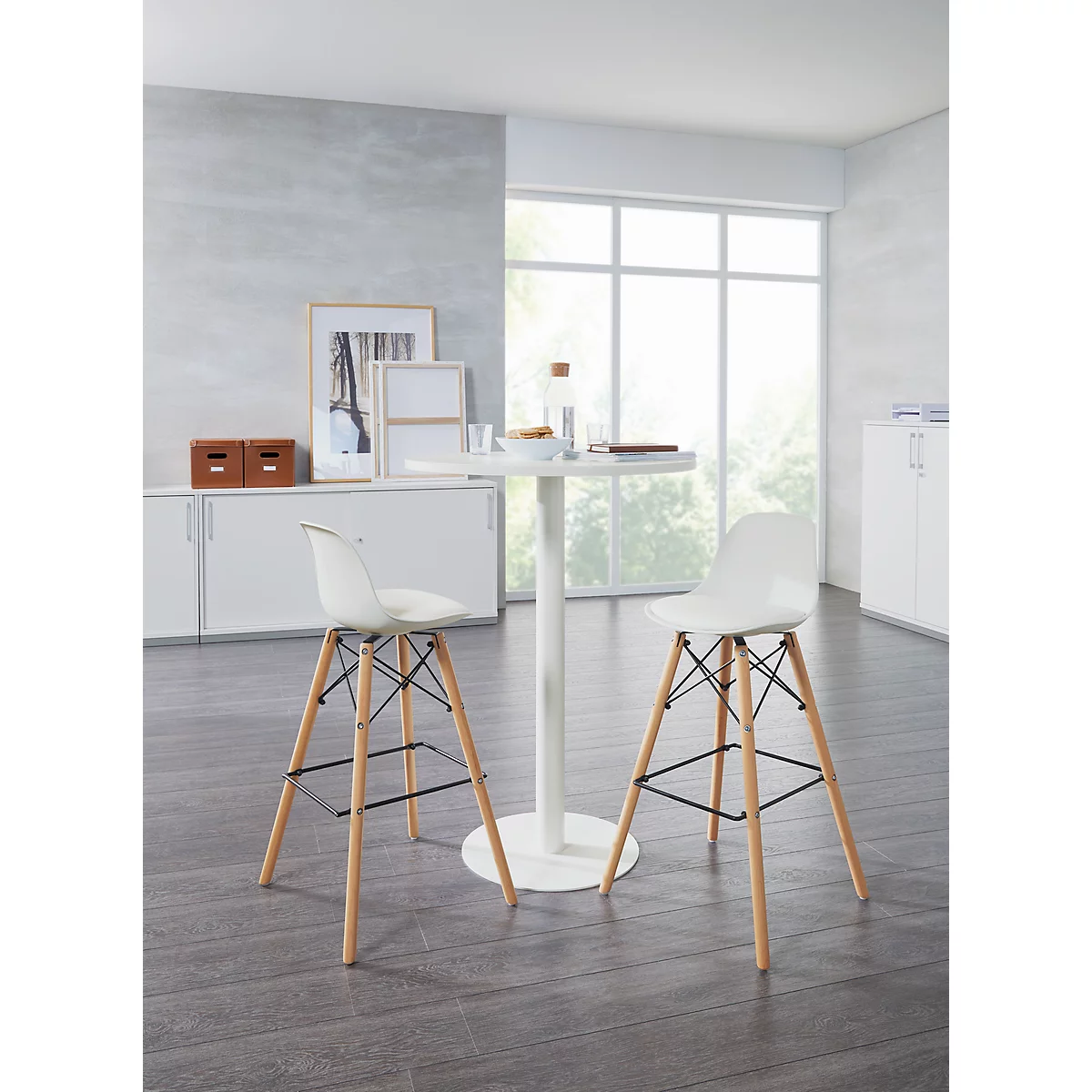 Mesa de pie Paperflow, redonda, con marco de acero, base de columna, Ø 80 cm, resistente a la desinfección, blanca