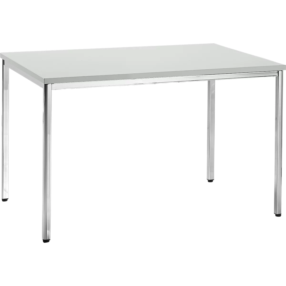 Una mesa rectangular con una encimera gris claro y patas plateadas.