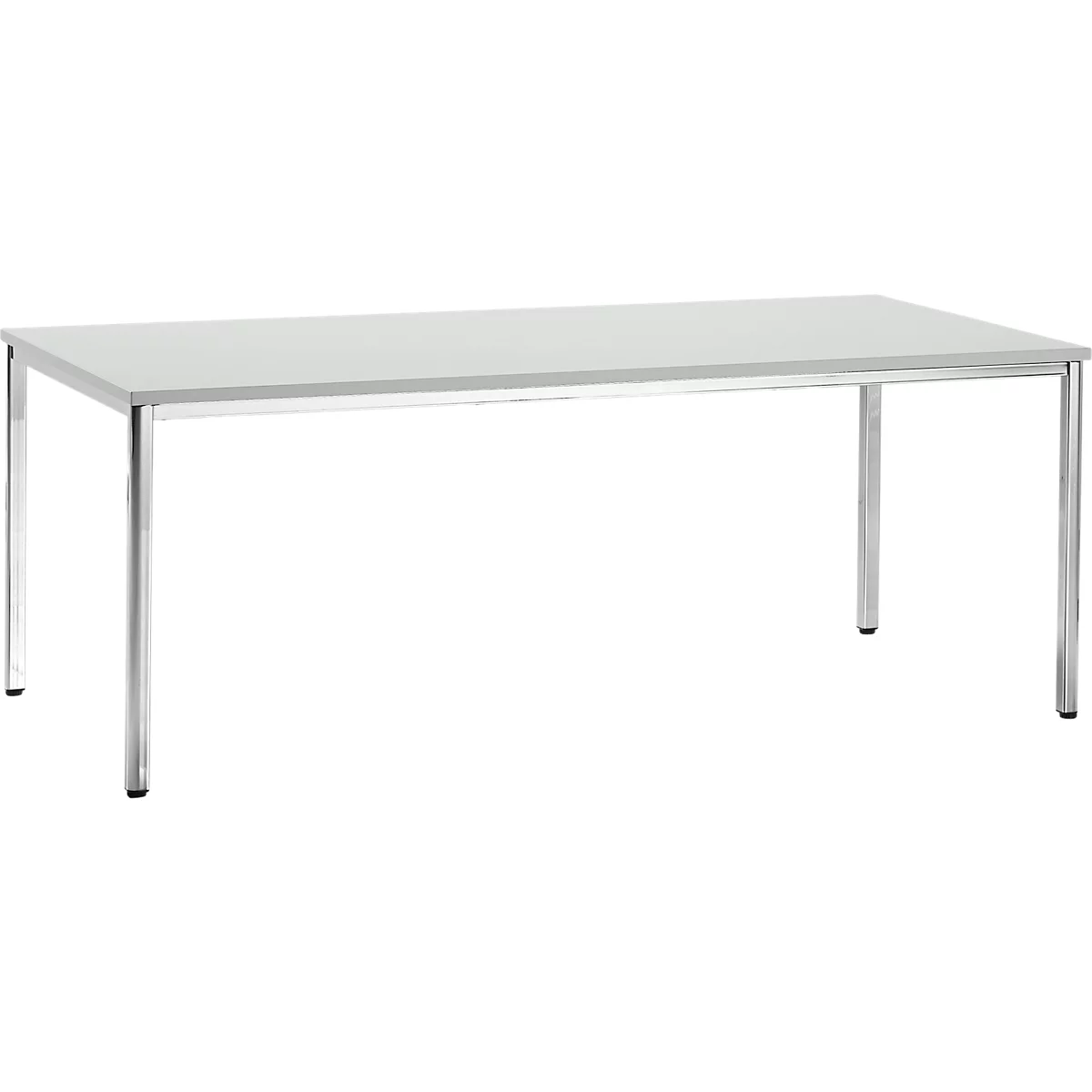Una mesa rectangular gris con patas de metal. La mesa está sola, sin otros objetos.