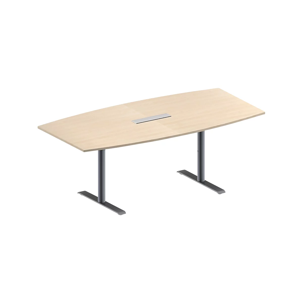 Una mesa de conferencias de color marrón claro con una superficie curva, dos patas grises y una tira de metal en el medio.