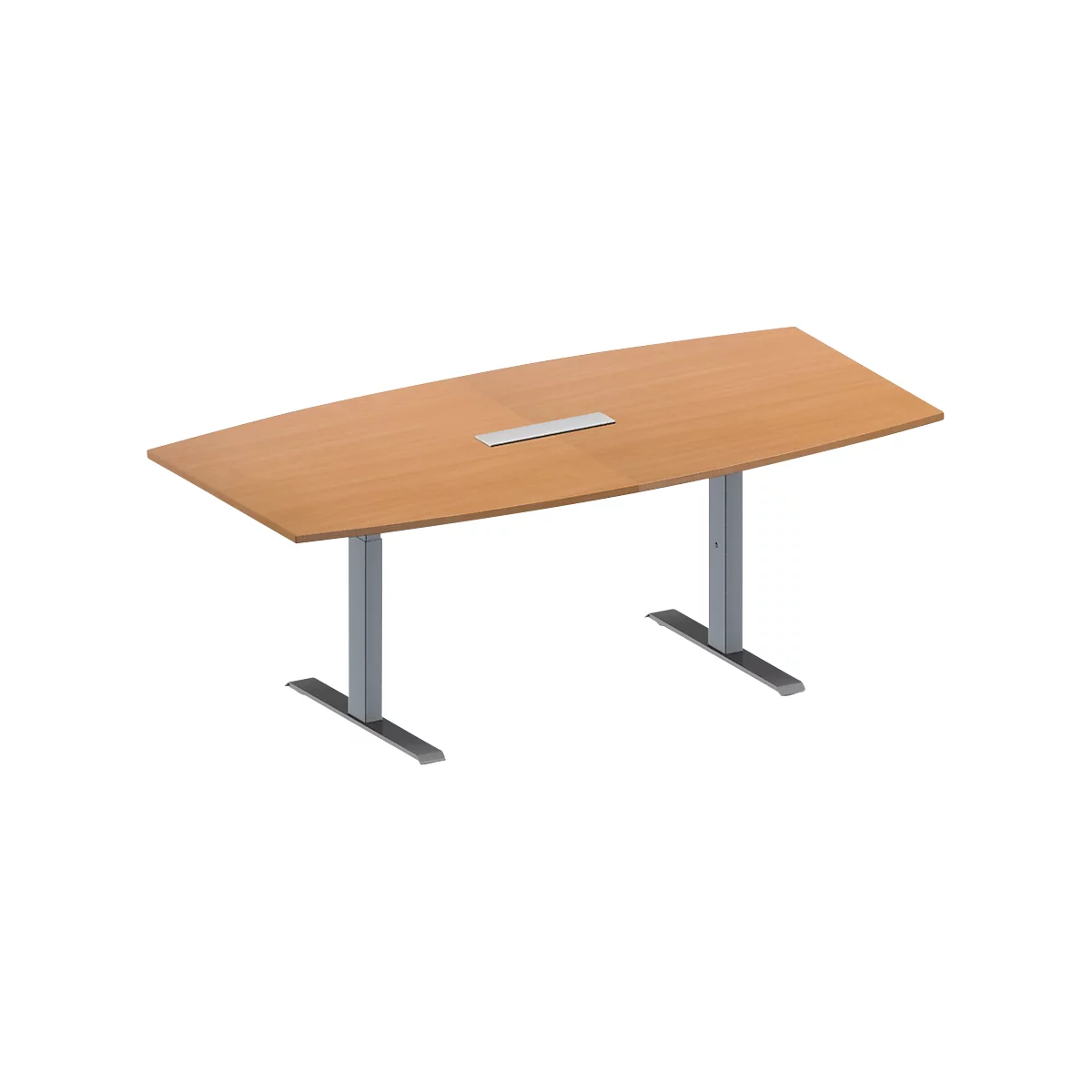 Mesa de conferencias marrón claro con dos patas de columna gris sobre un fondo claro.