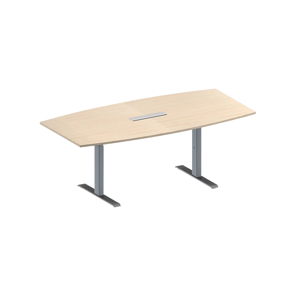 Una mesa ovalada de madera con patas de metal gris. En el centro hay una placa plateada.