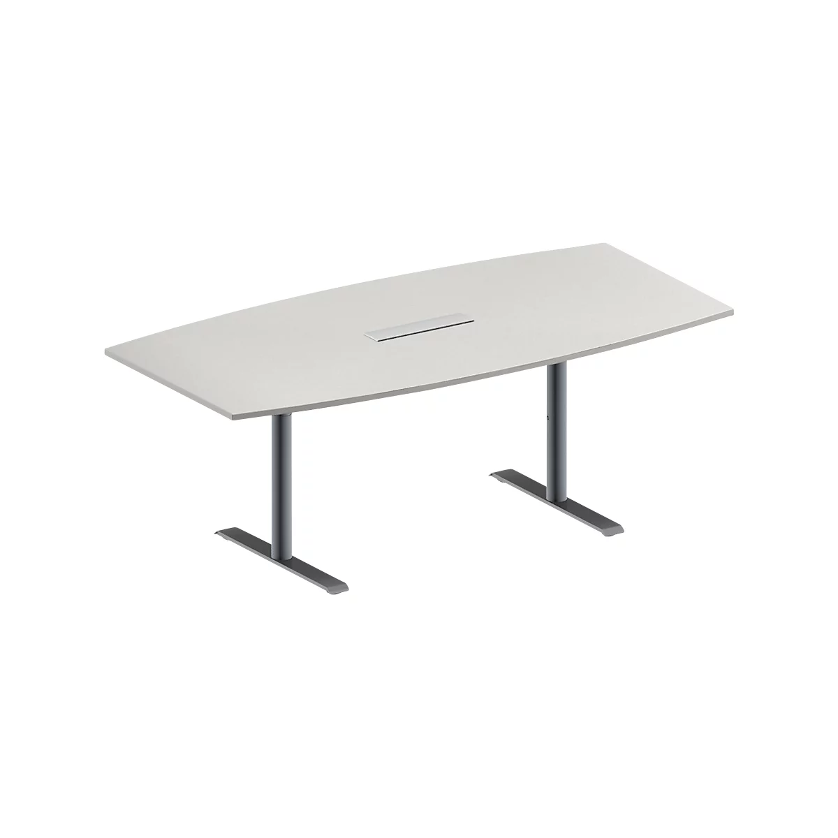 Una mesa de conferencias beige con dos patas de metal grises. Hay una abertura estrecha en la mesa. Las esquinas son ligeramente redondeadas.