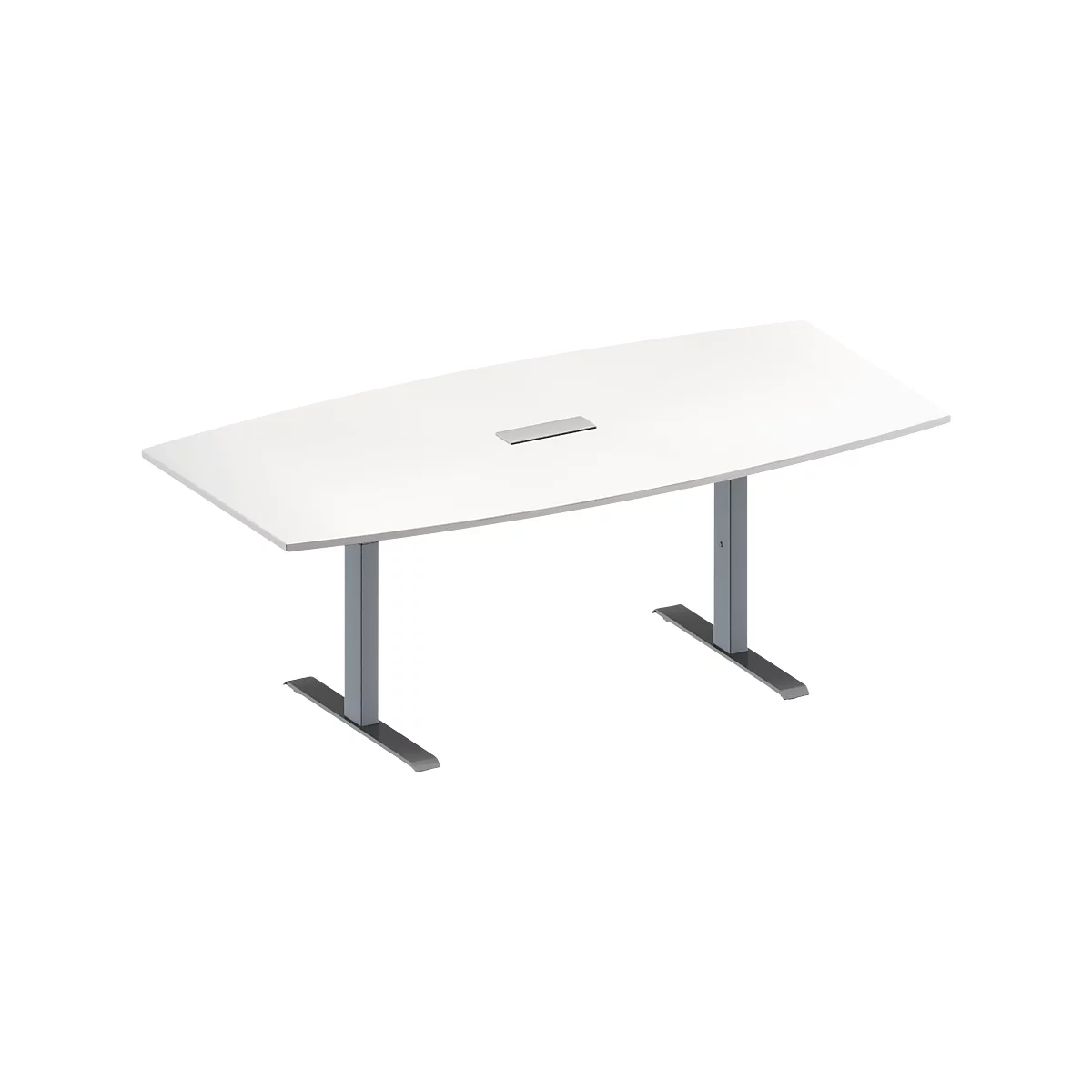 Mesa de conferencias blanca con dos patas grises. Hay un hueco en el centro de la mesa.