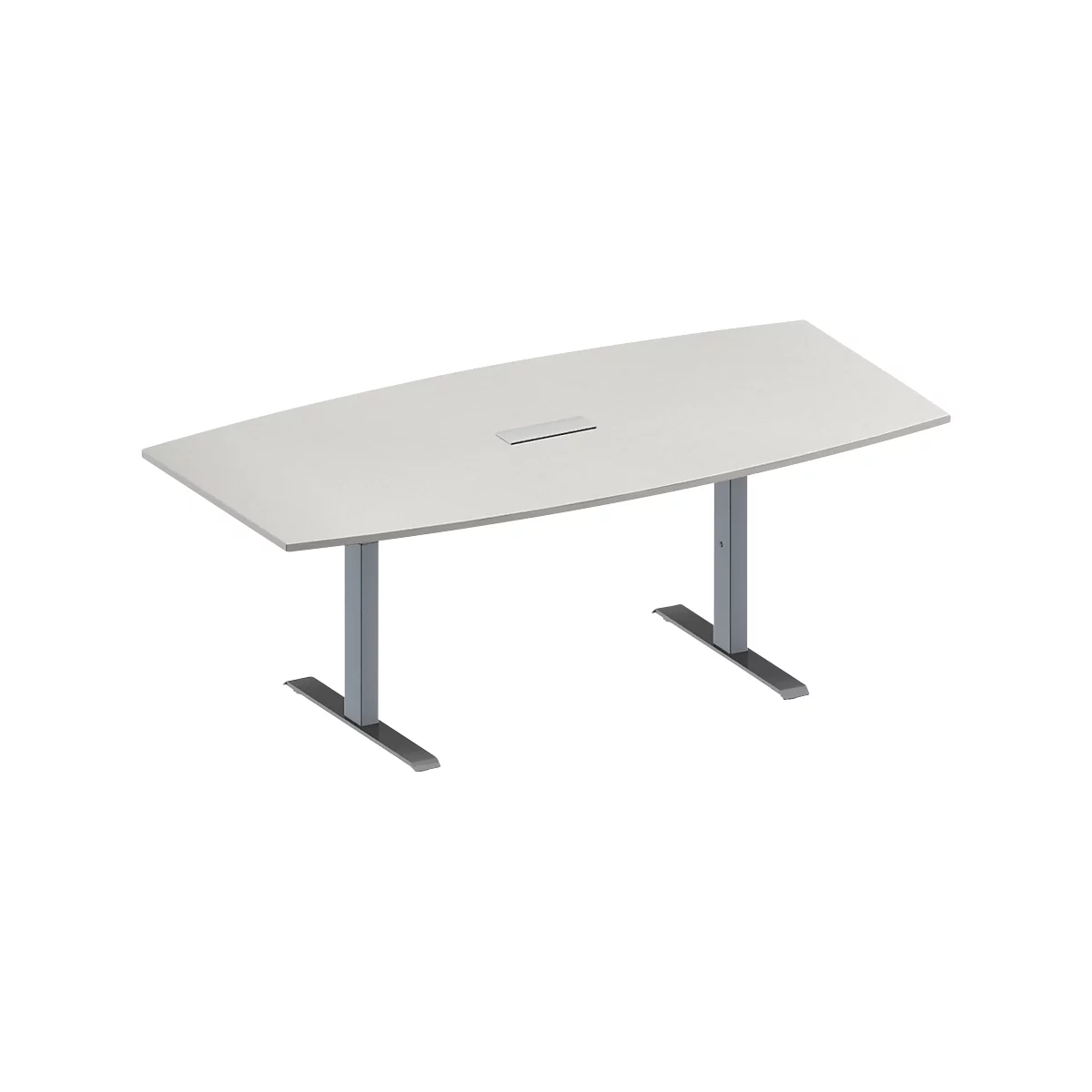 Mesa de conferencias blanca con tablero curvo, dos patas de pedestal grises y gestión de cables integrada.