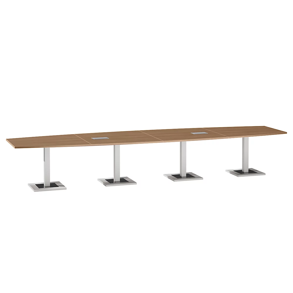 Mesa de reuniones Quandos, forma de barco, 4 segmentos, con 2 Netboxes A 4500 x P 1200 mm, madera de cerezo Romana