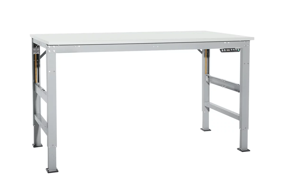 Mesa de trabajo Ergo, electrohidráulica, tablero plástico, 1250 x 800 mm, aluminio plateado