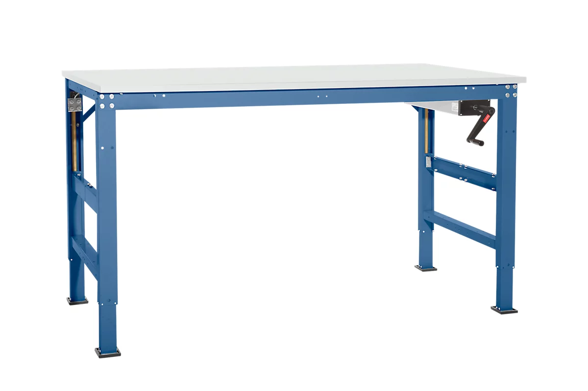 Mesa de trabajo Ergo K, con manivela, 1000 x 800 mm, tablero acabado PVC, azul brillante