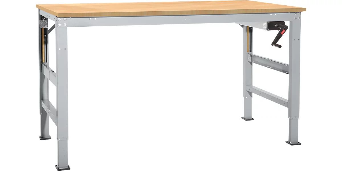 Mesa de trabajo Ergo K, con manivela, 1250 x 800 mm, tablero multiplex, aluminio plateado