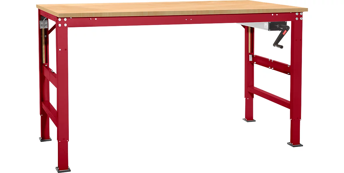 Mesa de trabajo Ergo K, con manivela, 1250 x 800 mm, tablero multiplex, rojo rubí