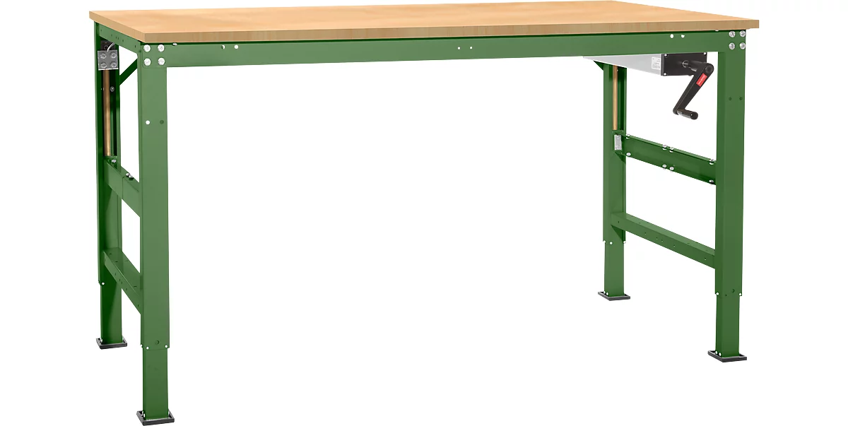 Mesa de trabajo Ergo K, con manivela, 1250 x 800 mm, tablero multiplex, verde reseda