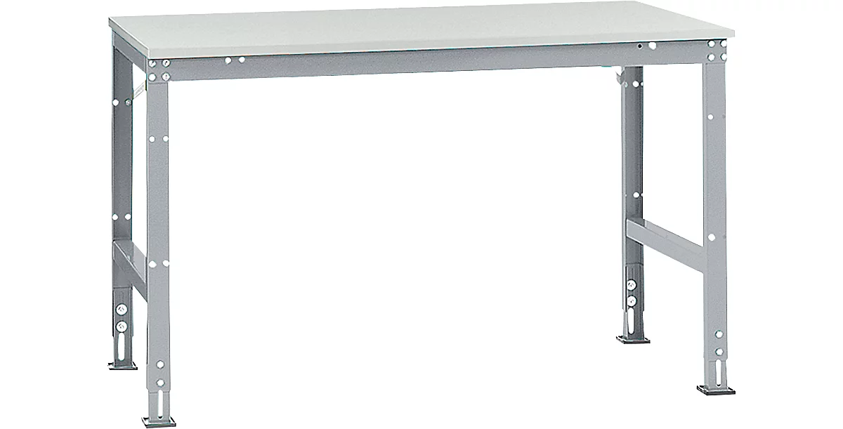 Mesa de trabajo Manuflex UNIVERSAL estándar, 1500 x 1000 mm, melamina gris luminoso, aluminio plateado