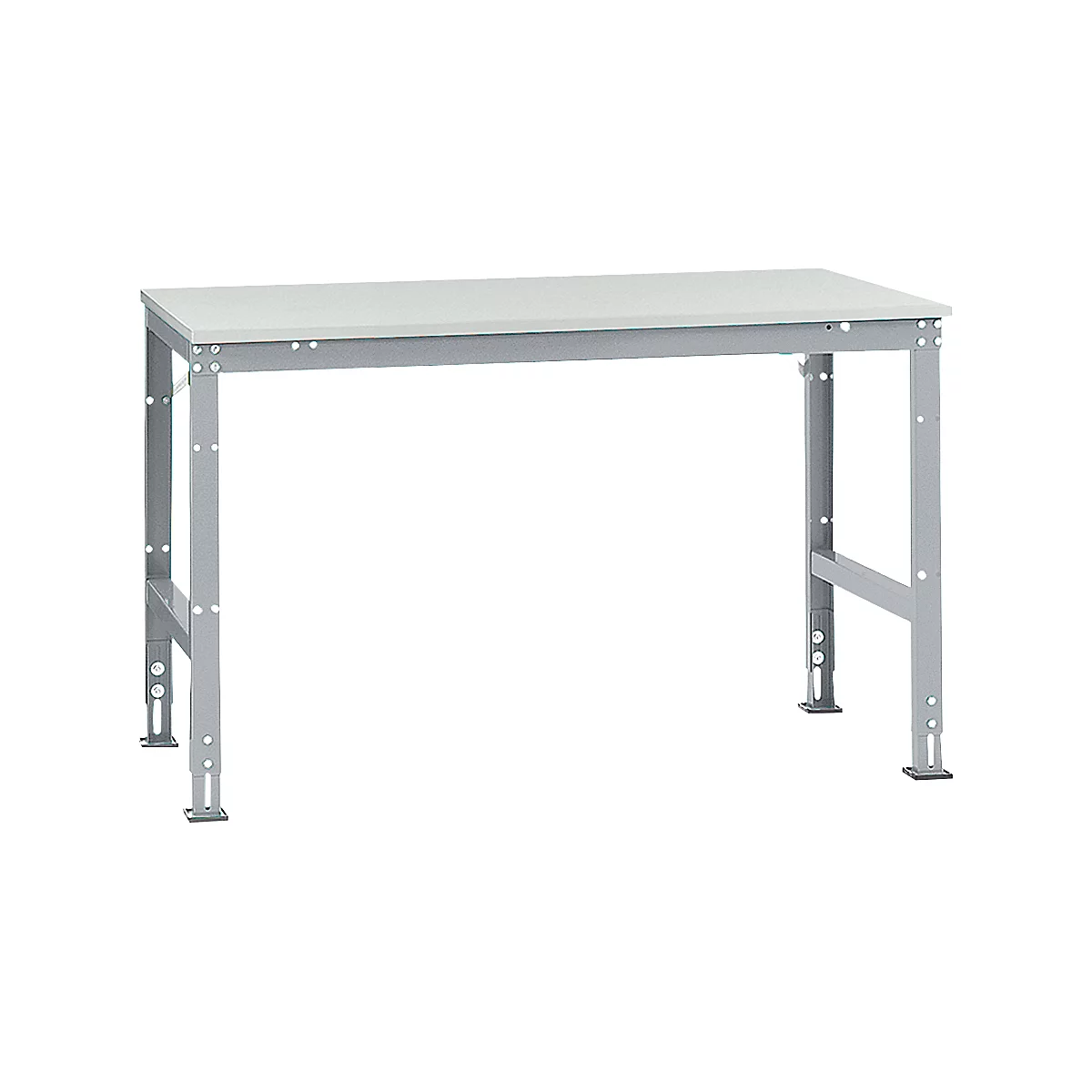 Mesa de trabajo Manuflex UNIVERSAL estándar, 1500 x 1000 mm, melamina gris luminoso, aluminio plateado