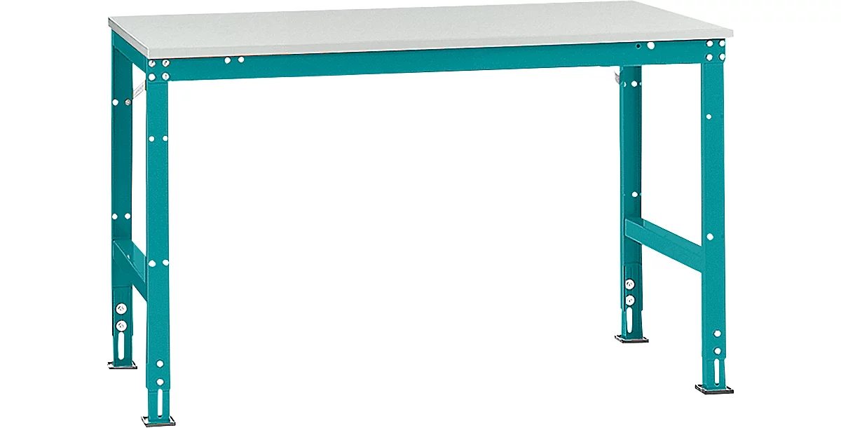 Mesa de trabajo Manuflex UNIVERSAL estándar, 1500 x 1000 mm, melamina gris luminoso, azul agua