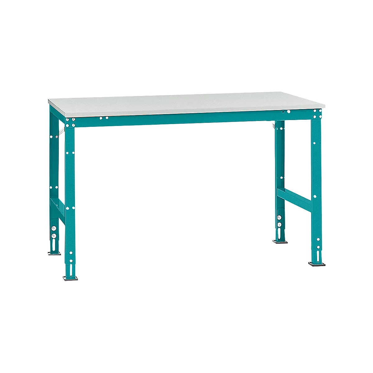 Mesa de trabajo Manuflex UNIVERSAL estándar, 1500 x 1000 mm, melamina gris luminoso, azul agua