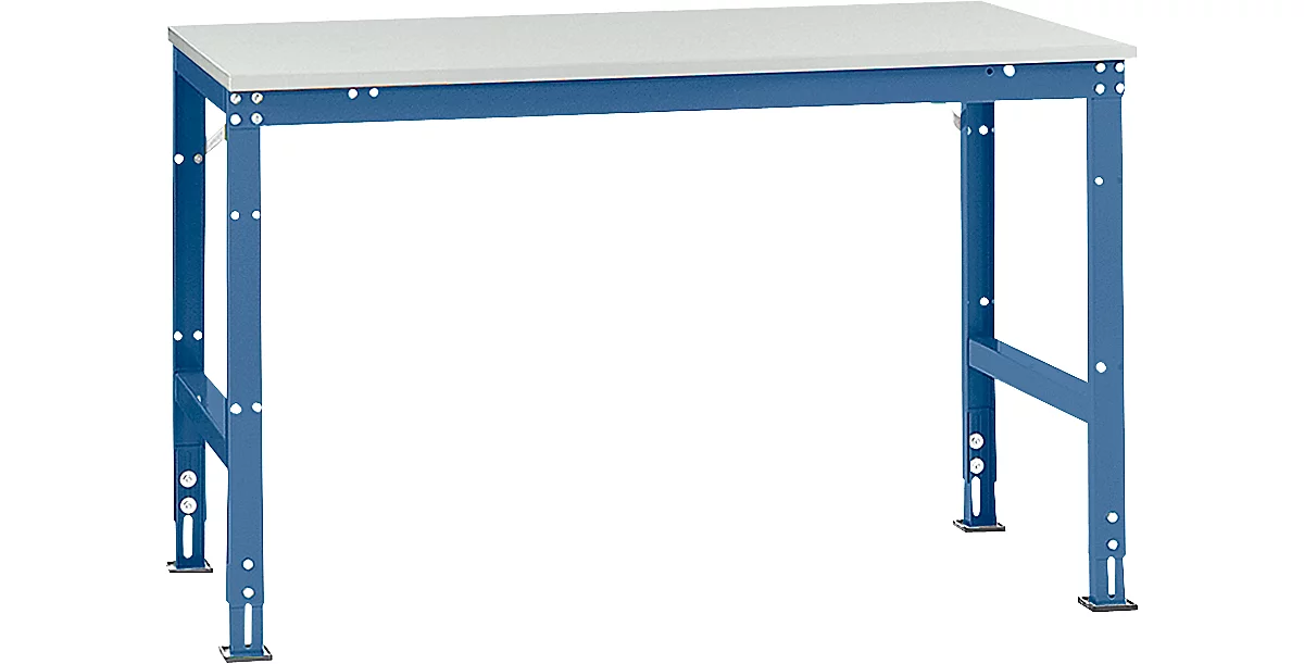 Mesa de trabajo Manuflex UNIVERSAL estándar, 1500 x 1000 mm, melamina gris luminoso, azul brillante