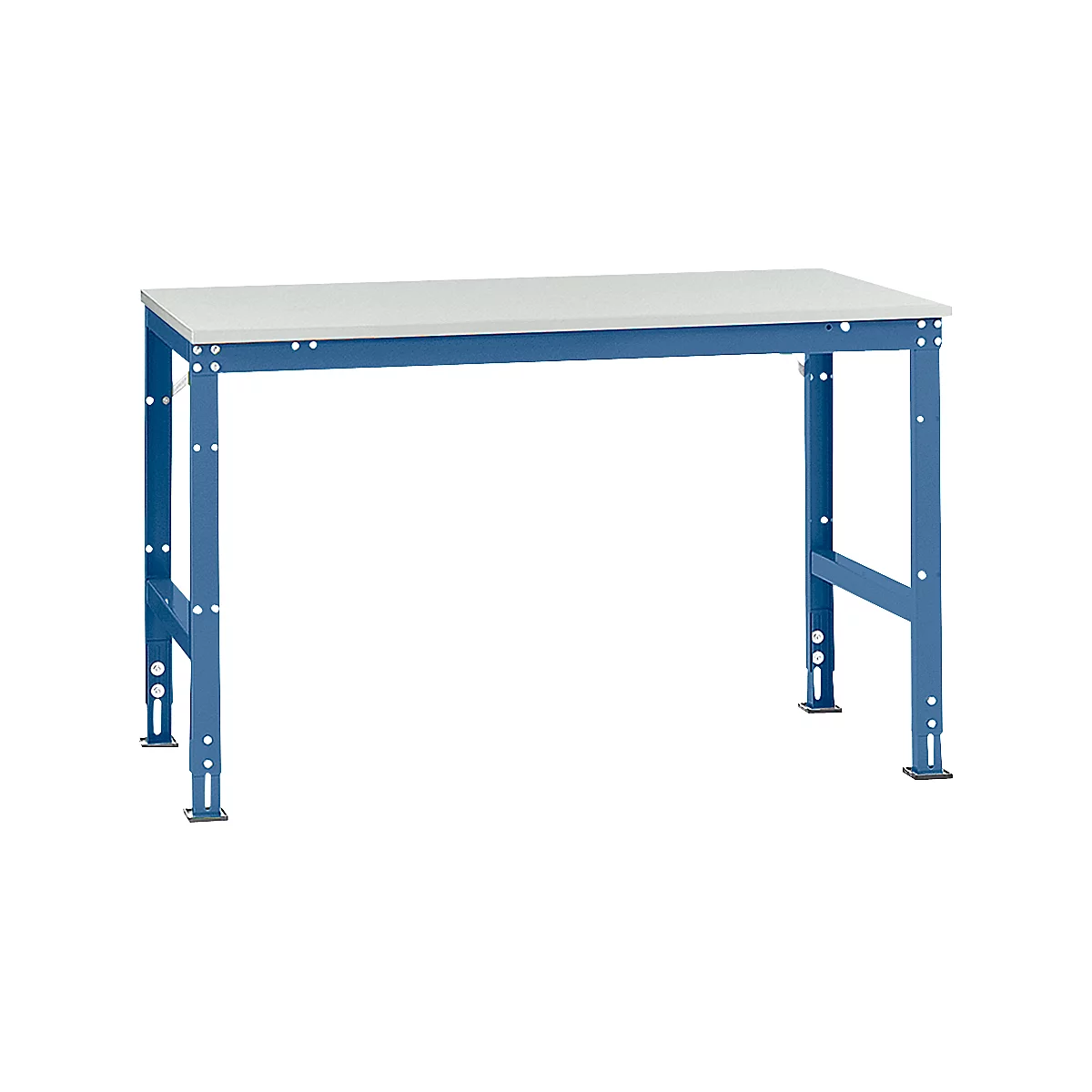 Mesa de trabajo Manuflex UNIVERSAL estándar, 1500 x 1000 mm, melamina gris luminoso, azul brillante