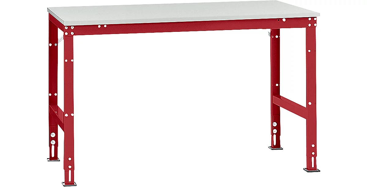 Mesa de trabajo Manuflex UNIVERSAL estándar, 1500 x 1000 mm, melamina gris luminoso, rojo rubí