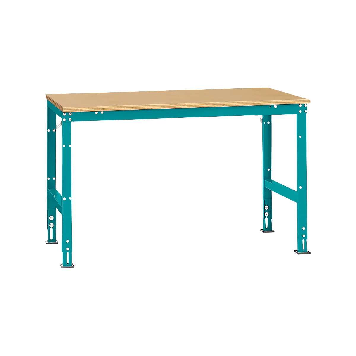 Mesa de trabajo Manuflex UNIVERSAL estándar, 1500 x 1000 mm, multiplex natural, azul agua