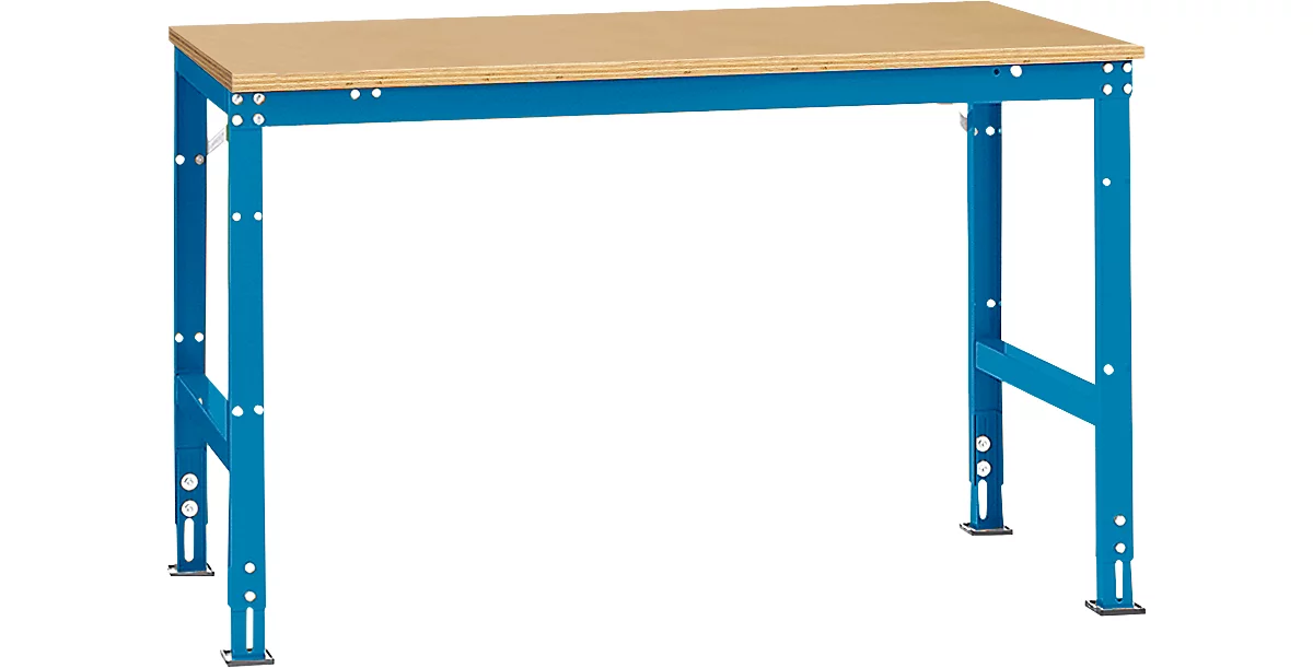 Mesa de trabajo Manuflex UNIVERSAL estándar, 1500 x 1000 mm, multiplex natural, azul luminoso