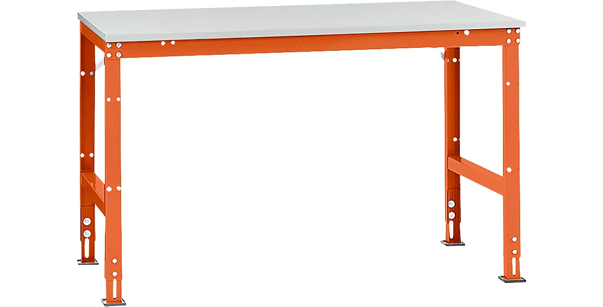 Mesa de trabajo Manuflex UNIVERSAL estándar, 1500 x 1000 mm, plástico gris luminoso, rojo anaranjado