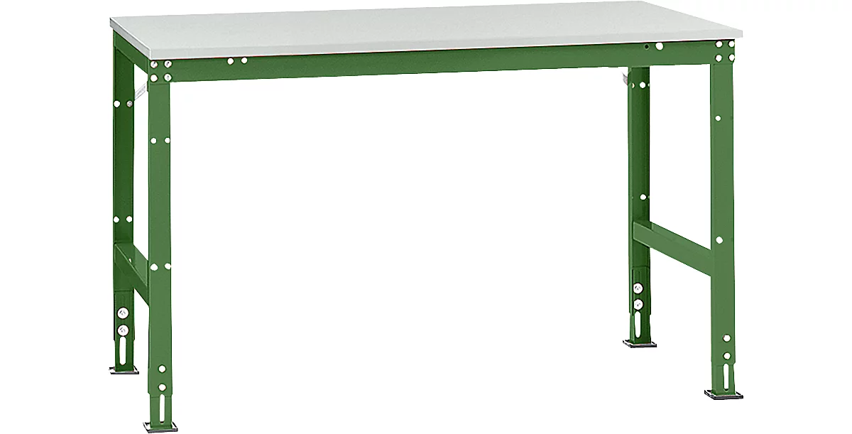 Mesa de trabajo Manuflex UNIVERSAL estándar, 1500 x 1000 mm, plástico gris luminoso, verde reseda