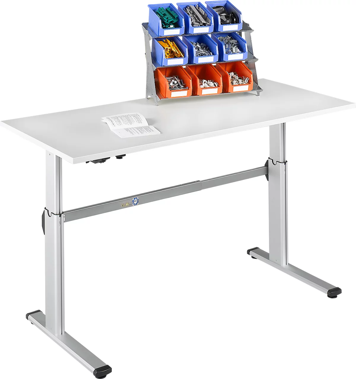 Mesa de trabajo Schäfer Shop Select, regulable en altura eléctricamente, rectangular, pie C, ancho 1800 x fondo 800 x alto 725-1185 mm, aluminio gris claro/blanco