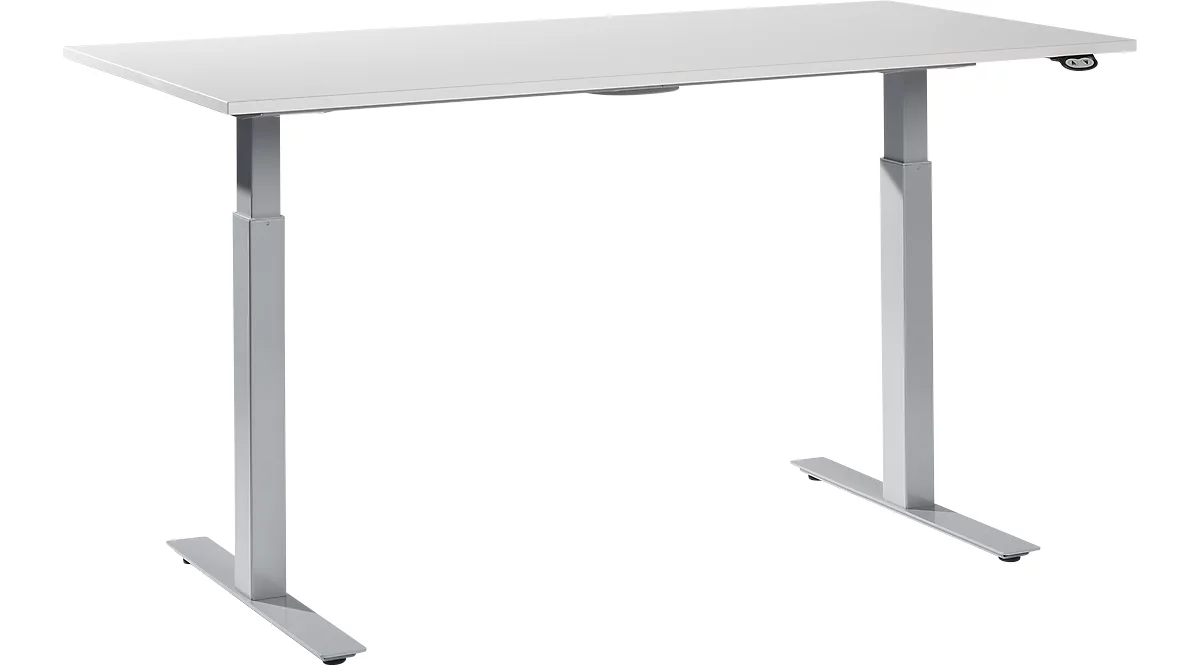 Mesa de trabajo Schäfer Shop Select regulable en altura, tablero de resina de melamina, ancho 1600 x fondo 800 mm, aluminio gris claro/blanco RAL 9006