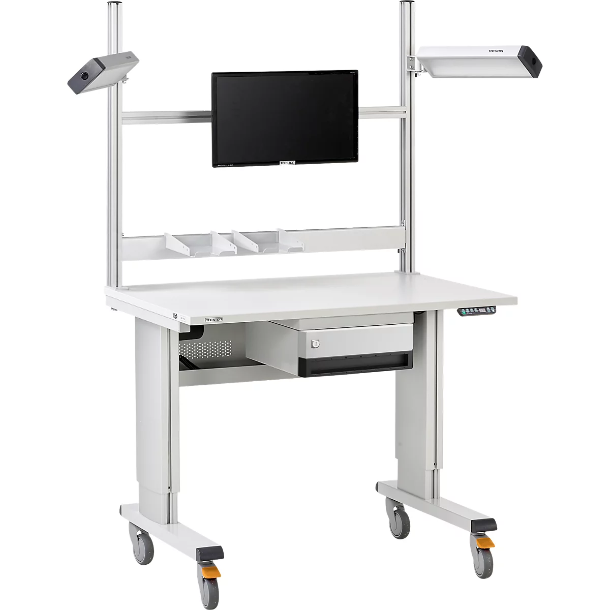 Estación de trabajo médica móvil blanca con monitor, cajón y ruedas.