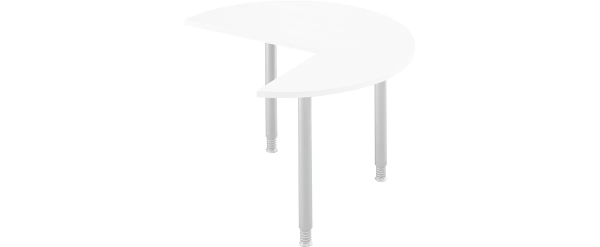 Mesa extensible, 3/4 de círculo, Ø 1200 mm, extensión a la derecha/izquierda, aluminio blanco/blanco