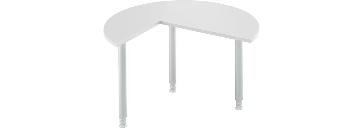 Mesa extensible, 3/4 de círculo, Ø 1200 mm, extensión a la derecha/izquierda, aluminio gris claro/blanco