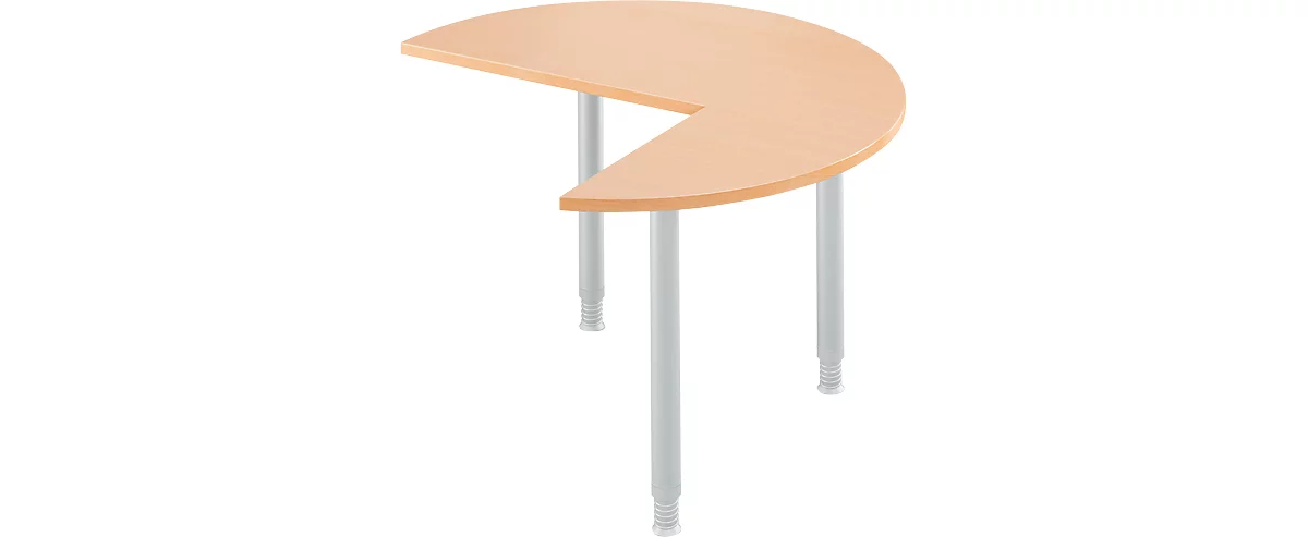 Mesa extensible, 3/4 de círculo, Ø 1200 mm, extensión a la derecha/izquierda, haya/aluminio blanco