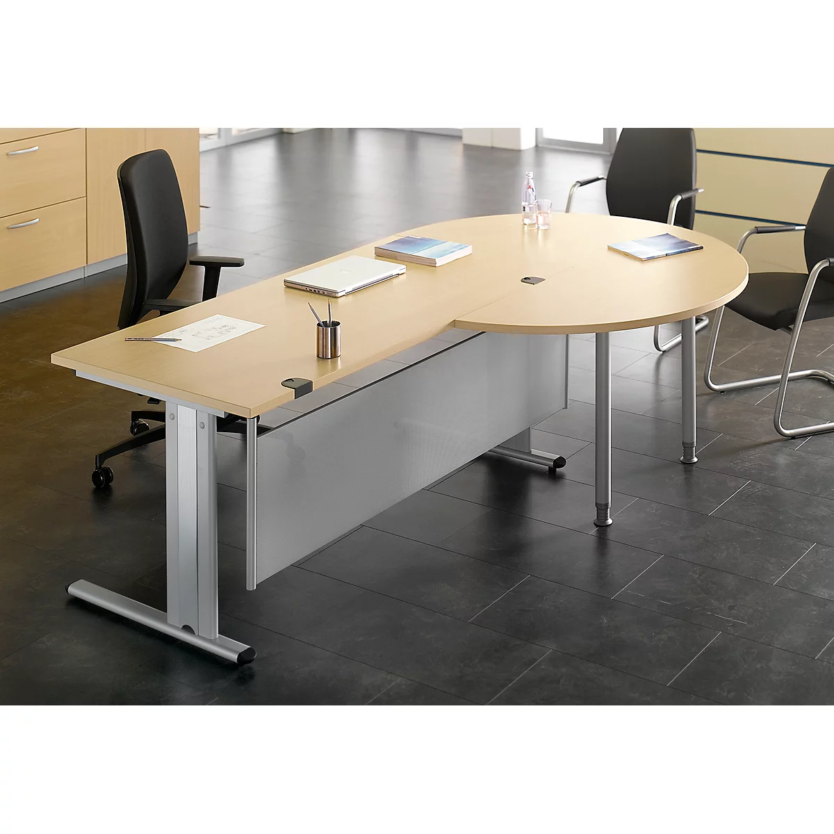 Mesa extensible, 3/4 de círculo, Ø 1400 mm, extensión a la derecha/izquierda, arce/aluminio blanco