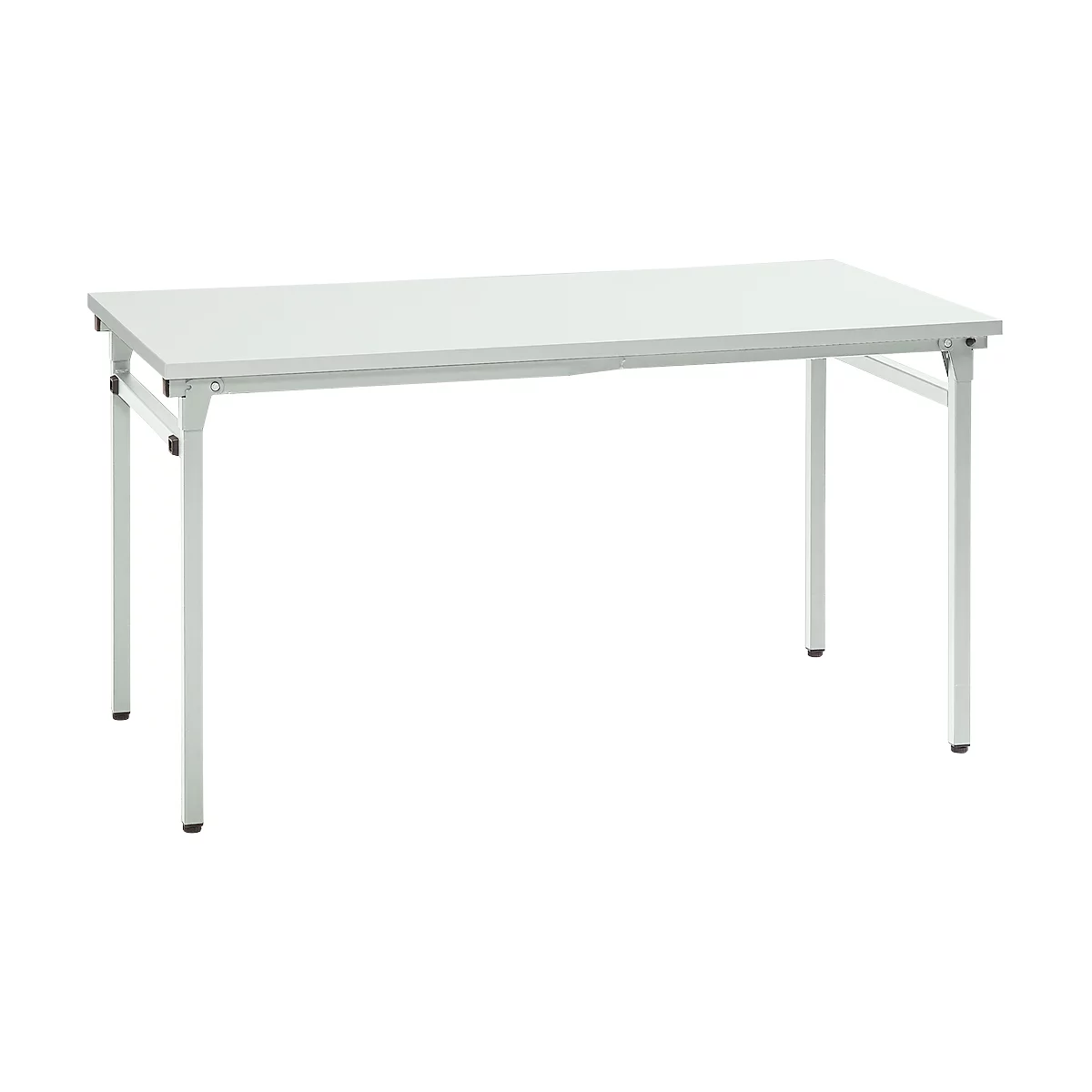 Mesa rectangular blanca con patas de metal, sobre un fondo blanco. La mesa es plana y tiene esquinas ligeramente redondeadas.