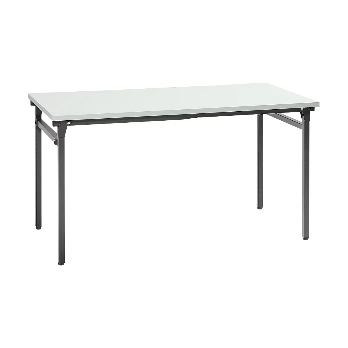 Una mesa blanca con patas de metal negro sobre un fondo blanco. La mesa es rectangular.