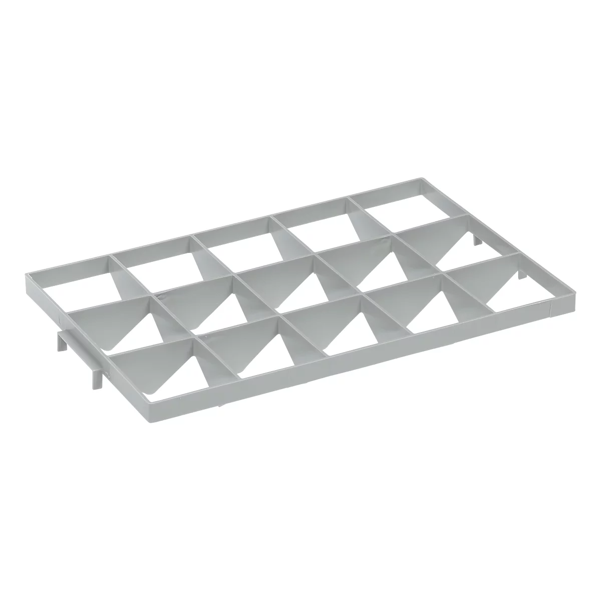 Gray plastic divider with rectangular grid for cutlery or accessories.