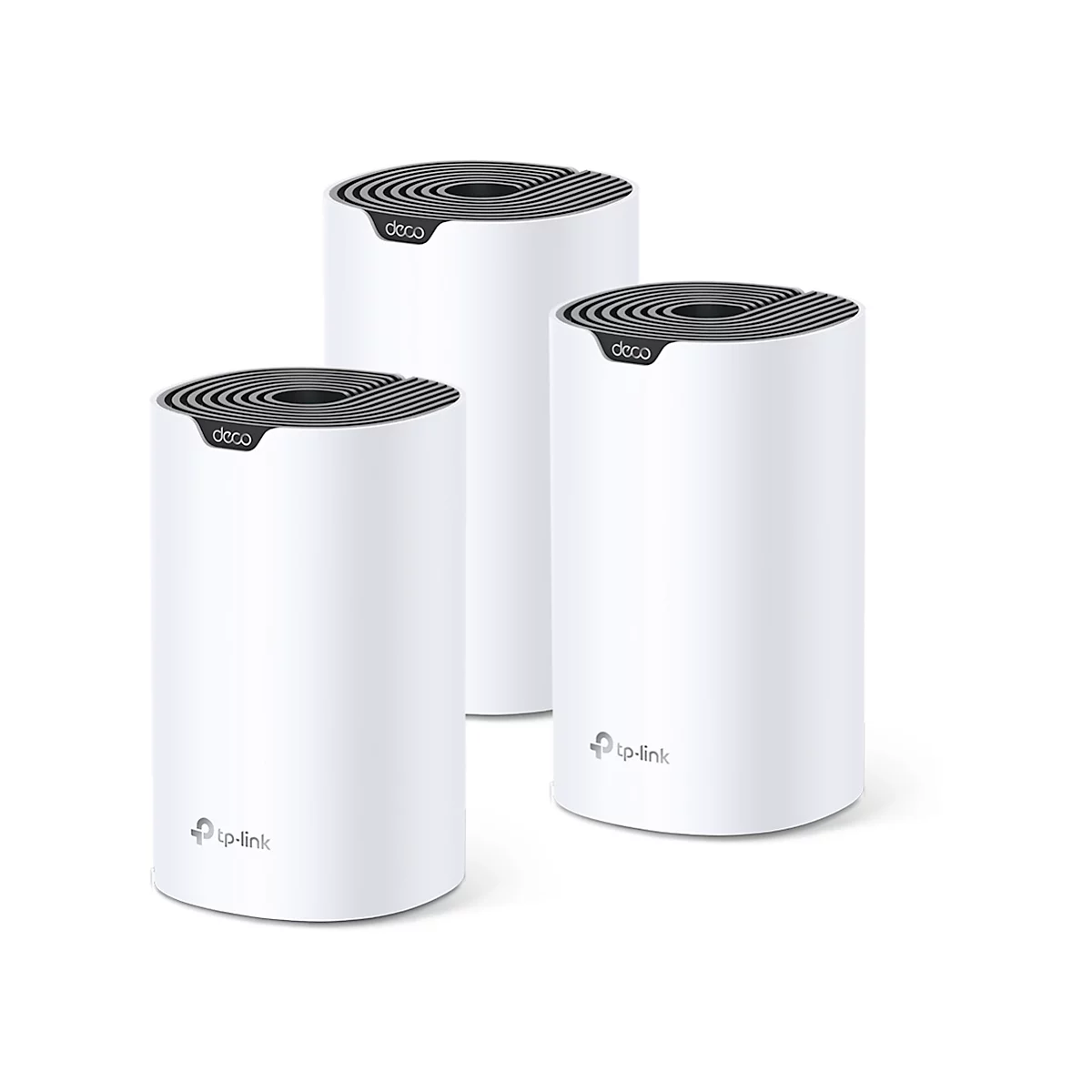Drei weiße, zylindrische Geräte mit schwarzem Deckel und Logos von tp-link.