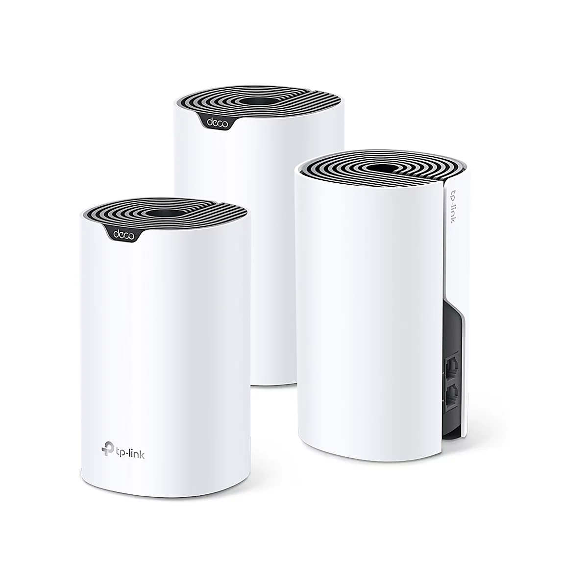 Drei weiße, zylindrische WLAN-Router mit grau strukturierten Oberseiten. Auf den Routern sind Logos von TP-Link und Deco zu sehen.