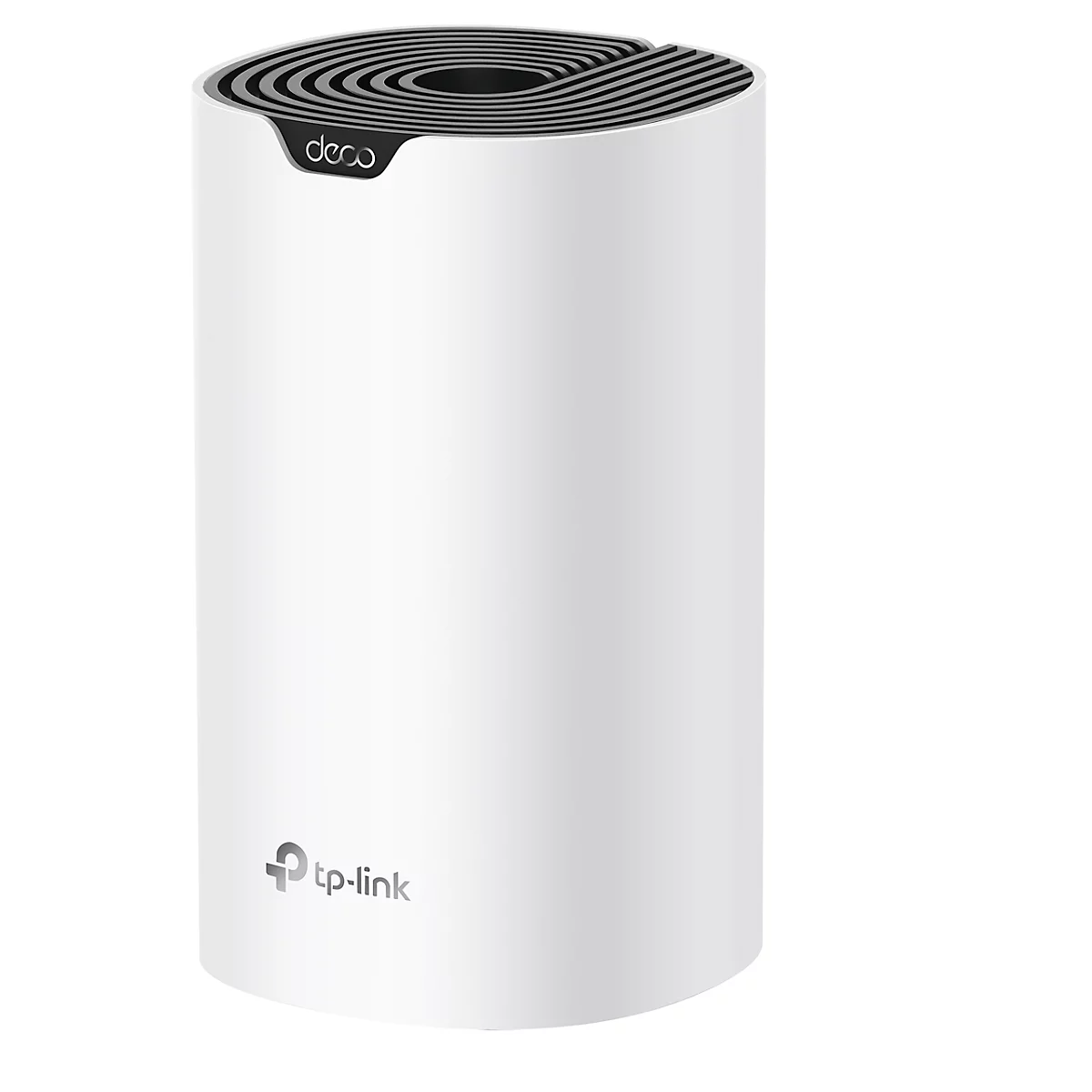 Zylindrischer, weißer Router mit schwarzem Muster an der Oberseite, Markenlogo Tp-Link.