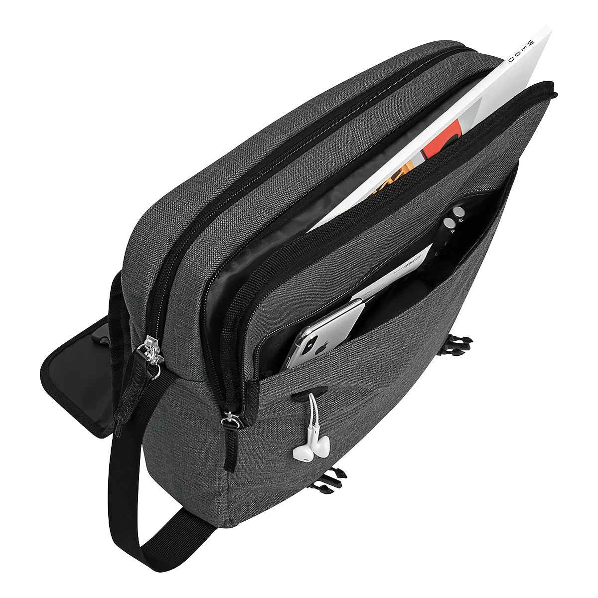 Messenger bag COLLEGE, polyester, Laptop-binnentas, gewatteerde draagband, B400xD100xH300 mm, grijs gespikkeld