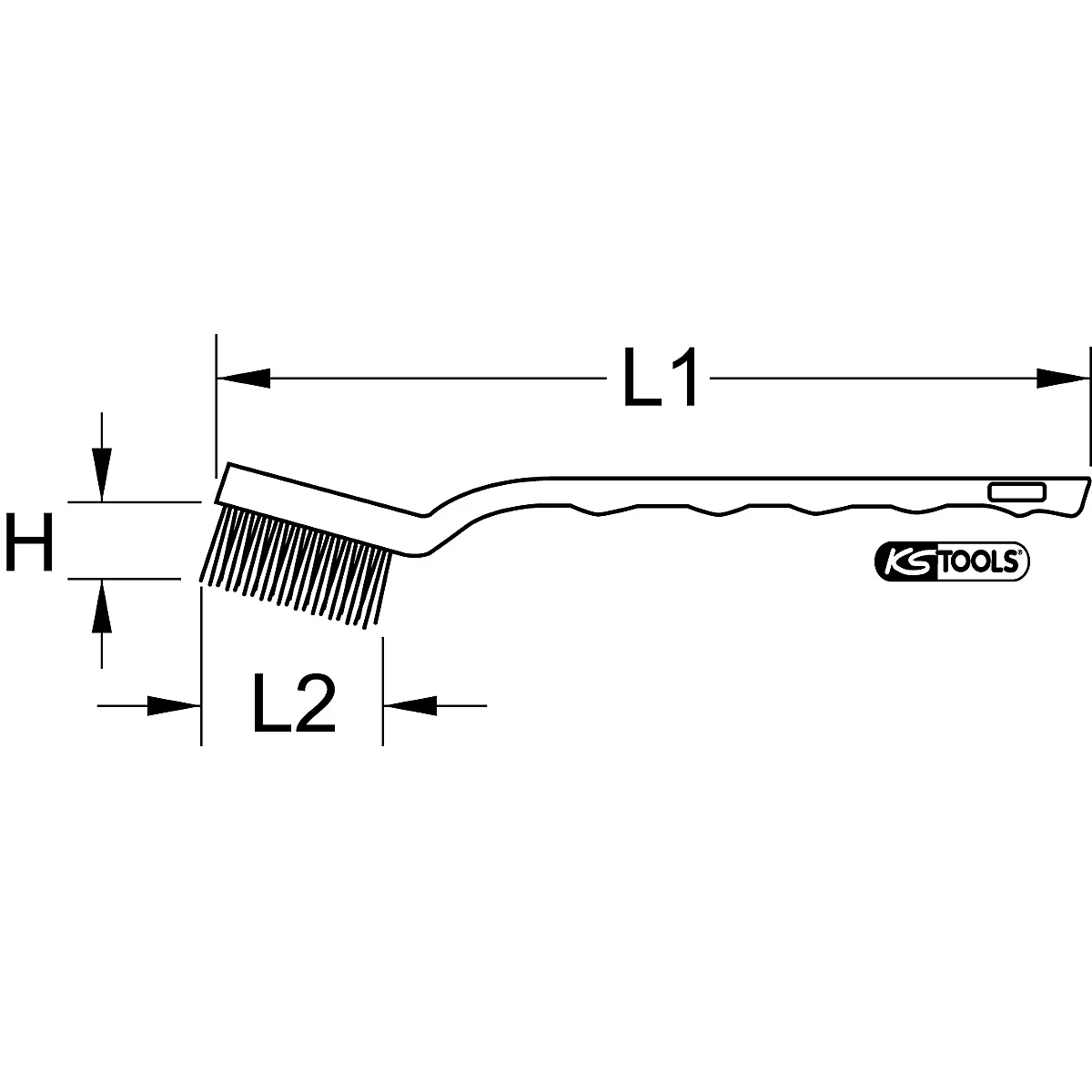 Drahtbürste, schwarz-weiß, mit Maßangaben. Der Griff hat eine geriffelte Form. Das Logo von KS TOOLS ist sichtbar.